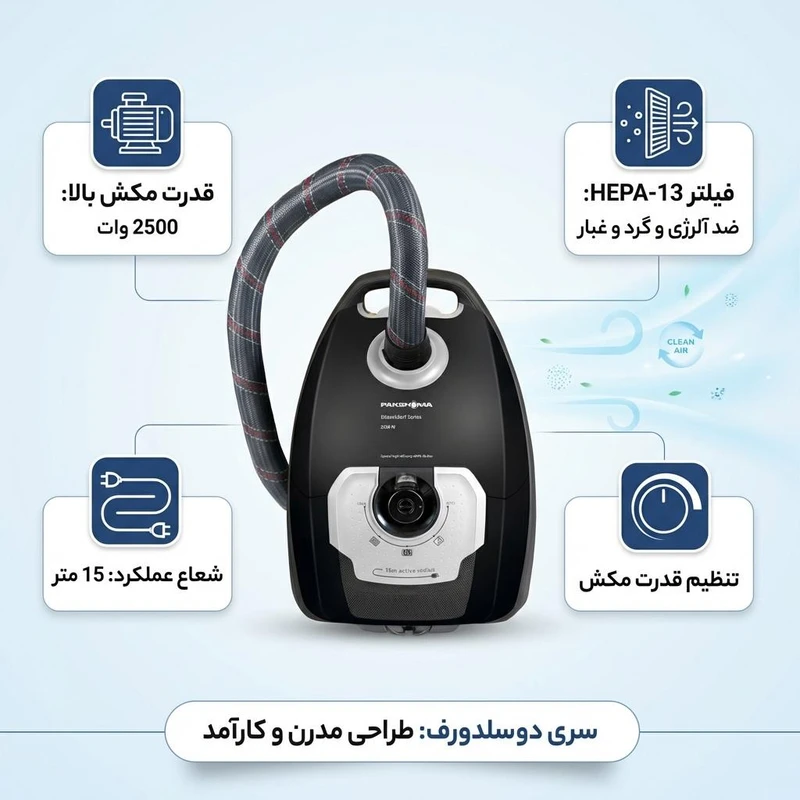 جاروبرقی کیسهدار پاکشوما مدل PVC 5125 B با موتور 2500 وات رنگ قرمز - تصویر 2